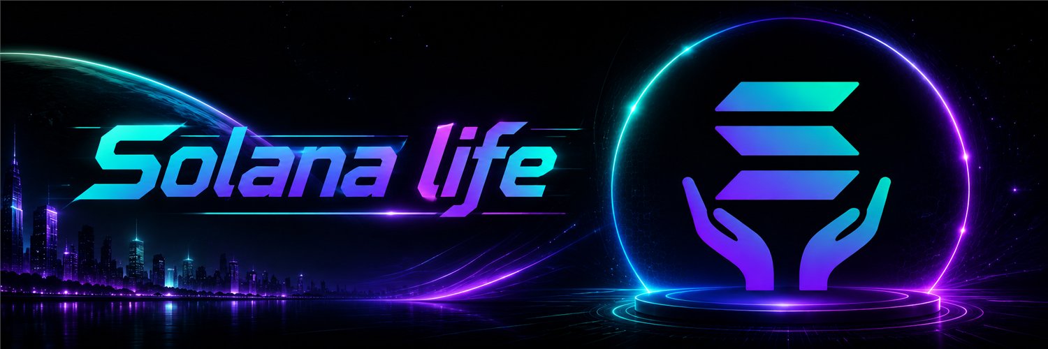 Solana Life banner: futuristic waterfront city, glowing planetary horizon, and the hand-held Solana symbol